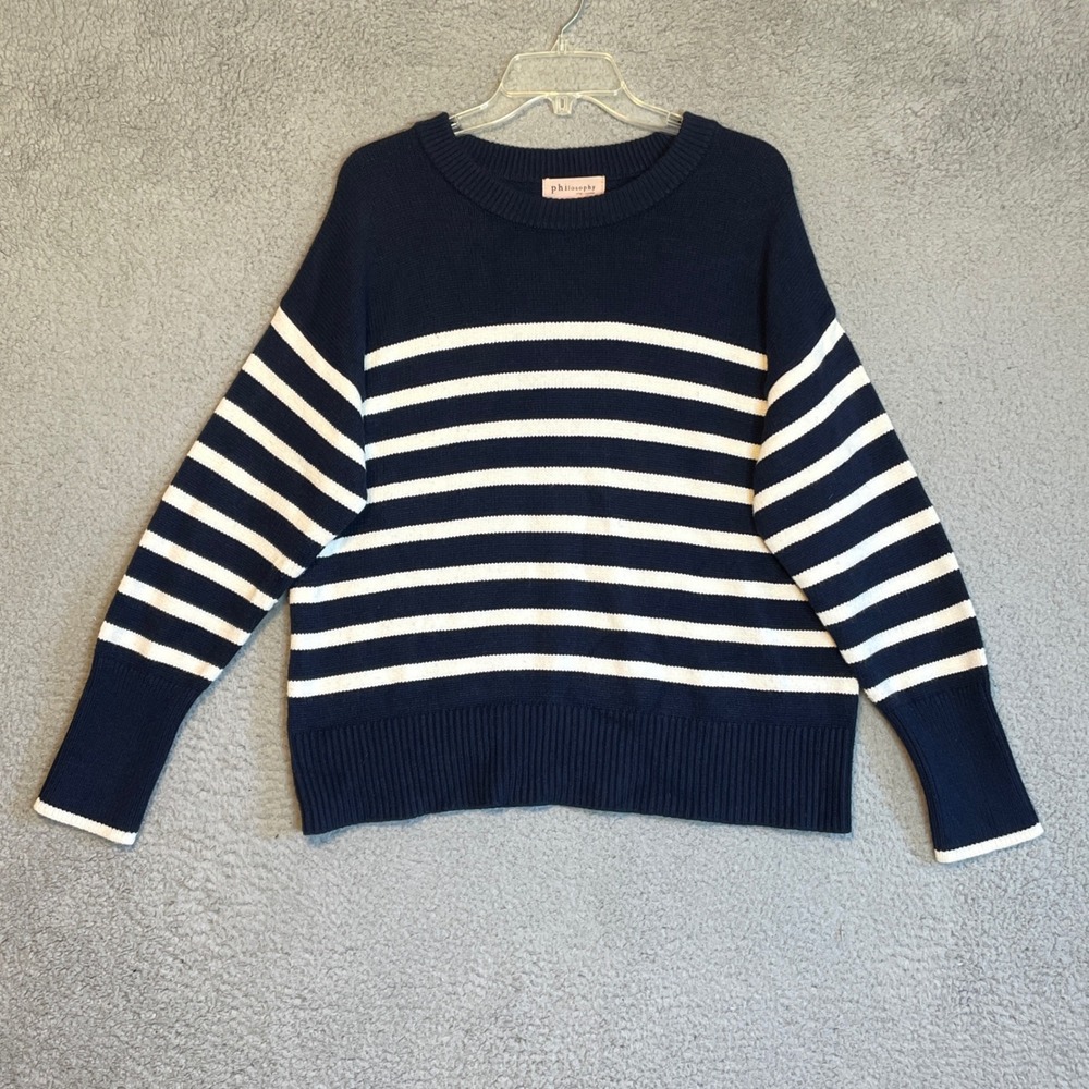 Philosophy Striped Knit Sweater Women's L Navy Blue White Long Sleeve
